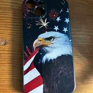 Hard plastic IPHONE 14 case, has American Egalitarian and American Flag